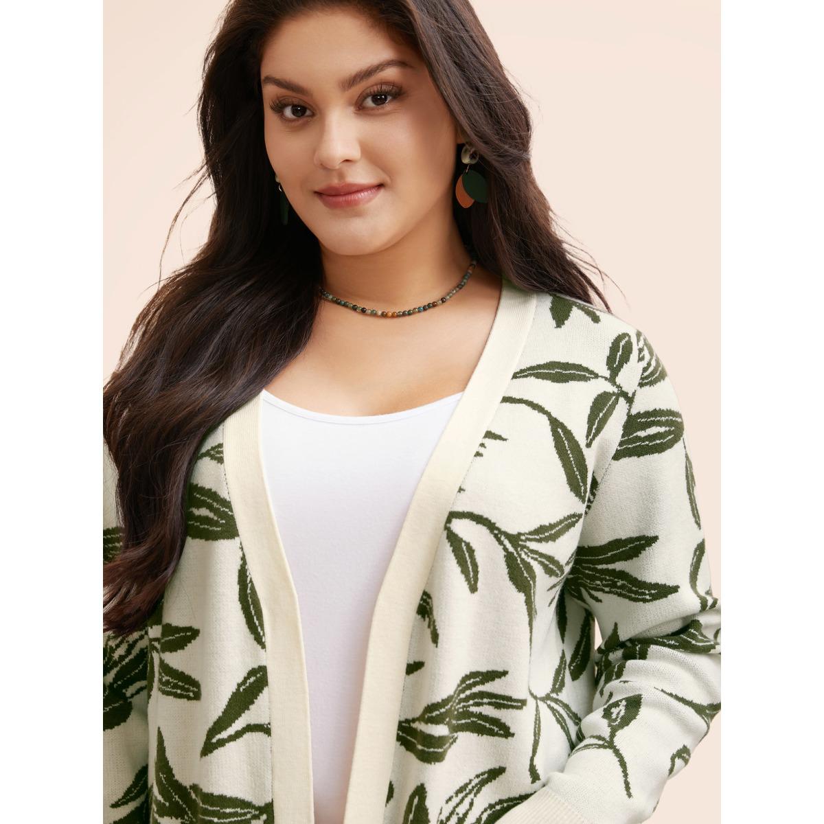 Plus Size Leaf Pattern Patch Pocket Jacquard Cardigan Beige Women Casual Loose Long Sleeve Everyday Cardigans BloomChic 28/5X Product Image
