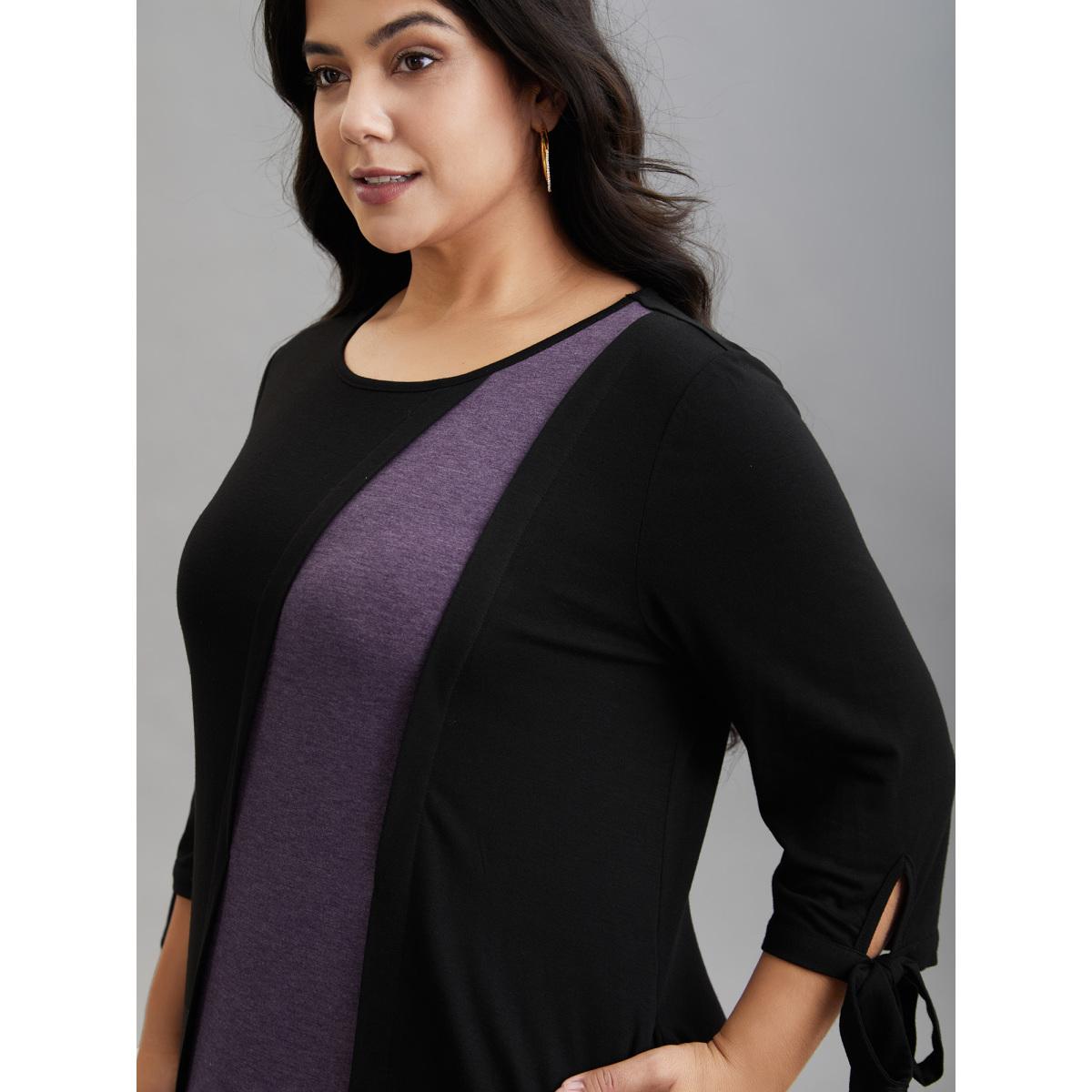 Plus Size Color Block Tie-Knot Fitted Midi Dress Black Women Casual Tie knot Knit Dresses Bloomchic 14-16/1X Product Image