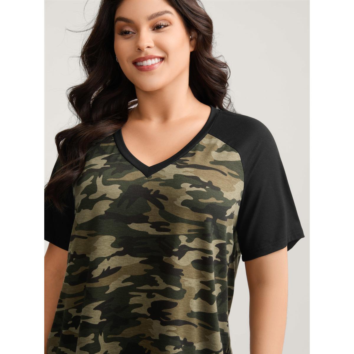 Plus Size Camouflage Print Raglan Sleeve T-Shirt Multicolor Women Contrast V-neck Everyday-Casual T-shirts BloomChic 22-24/3X Product Image