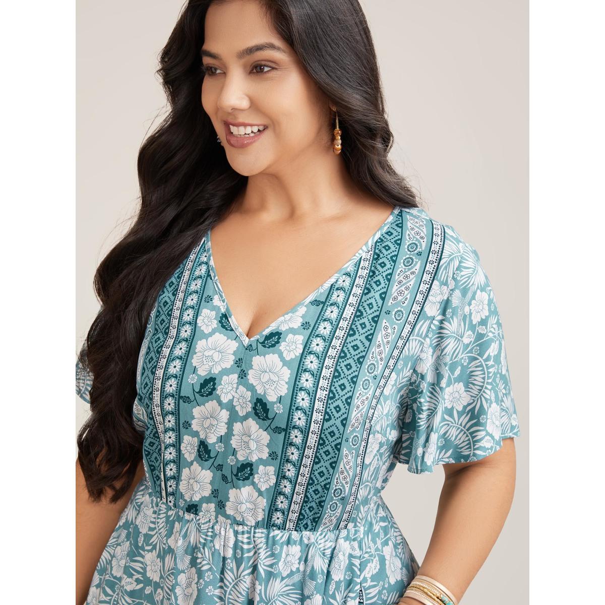 Plus Size Floral Print Stretchy Waist Pockets Midi Dress Stone Women Resort Non V-neck Short sleeve Curvy BloomChic 10/M Product Image