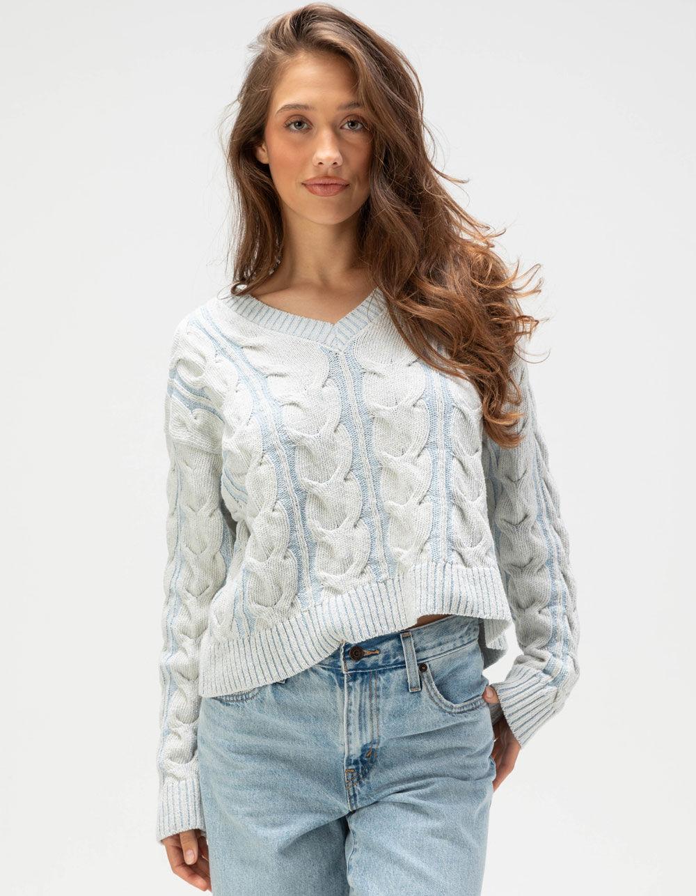 FREE PEOPLE Washed Cable Knit Womens V-Neck Sweater - LIGHT BLUE Product Image
