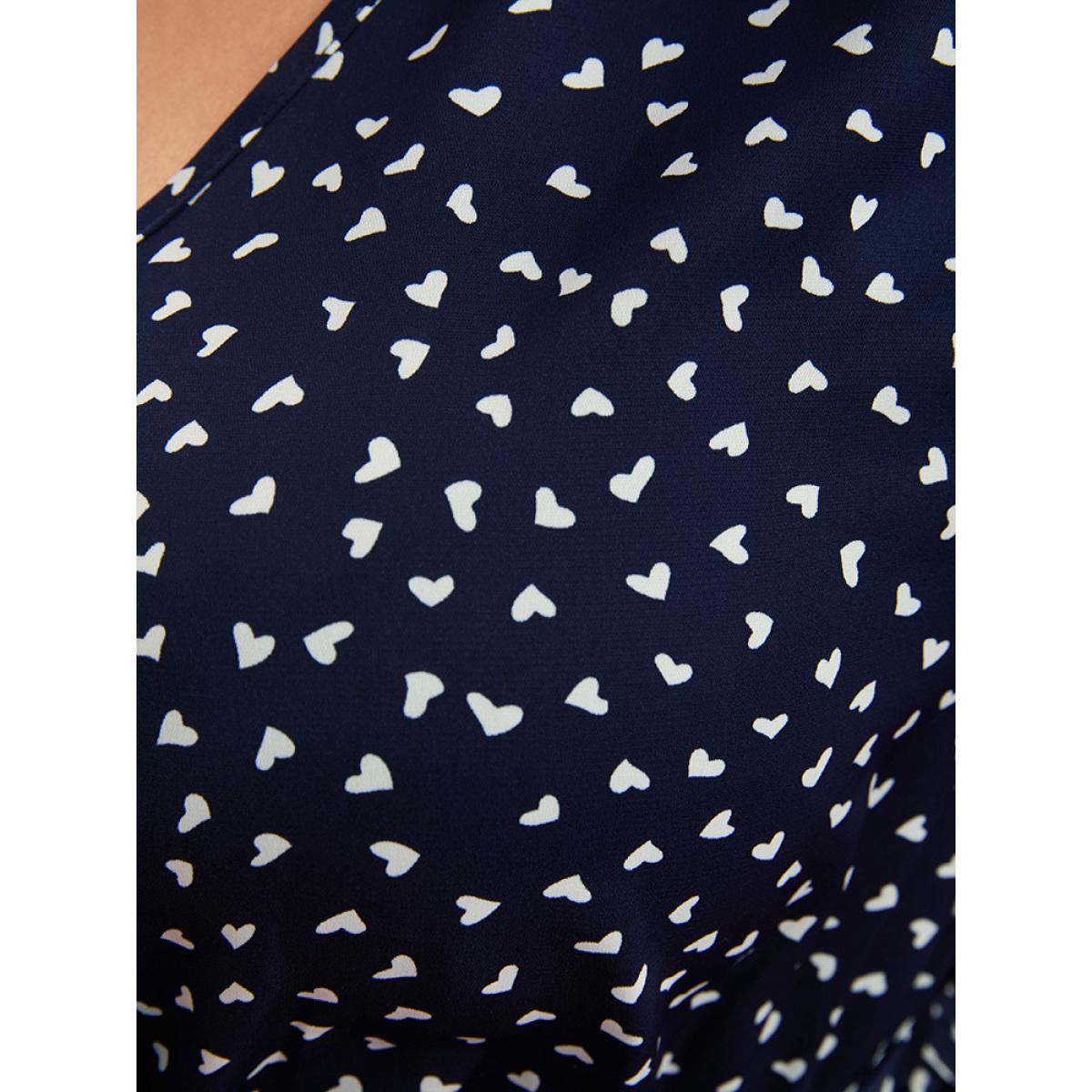 Plus Size Heart Print Surplice Neck Pocket Asymmetrical Belted Flutter Dress Navy Women Elegant Pocket V-neck Long Sleeve Curvy Midi Dress BloomChic 10/M Product Image