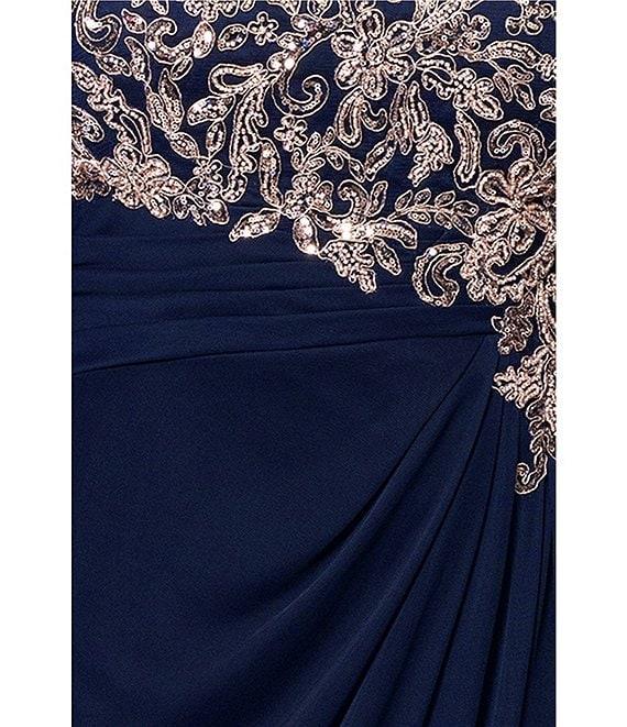 Betsy & Adam Plus Size Boat Neck Cap Sleeve Drape Back Chiffon Applique Sheath Gown Product Image