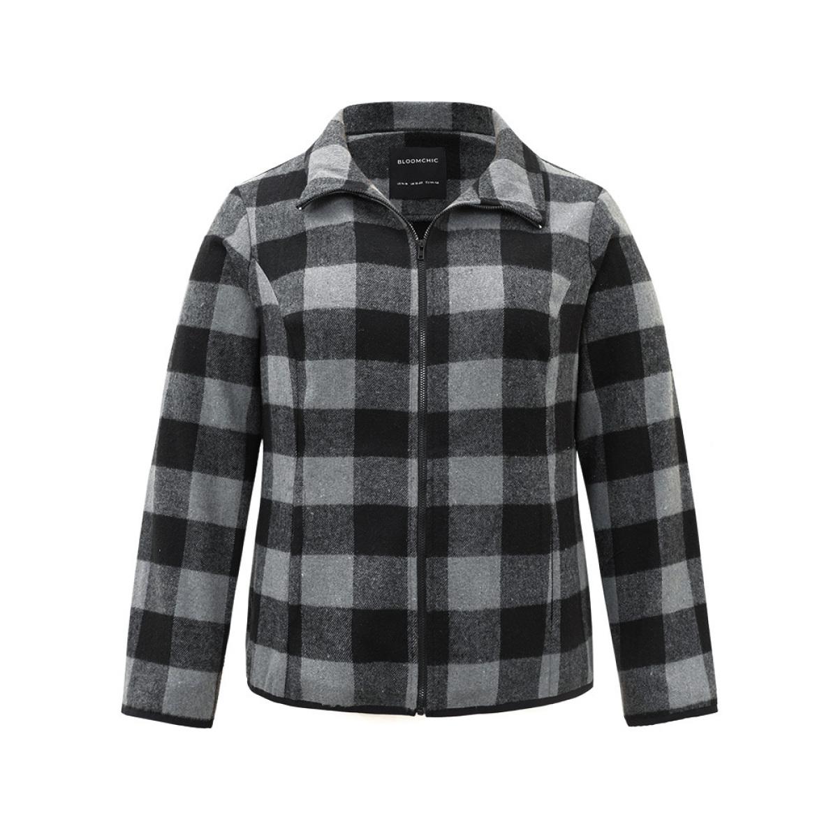 Plus Size Plaid Zipper Pocket Contrast Jacket Women DimGray Contrast Pocket Dailywear Jackets BloomChic 18-20/2X Product Image