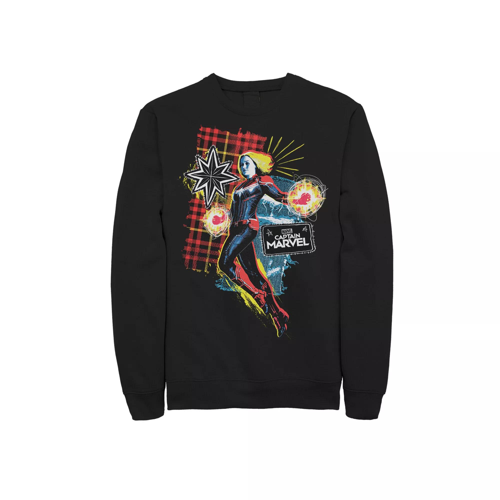 Men's Marvel Captain Marvel Plaid Jean Patched Portrait Sweatshirt,  Product Image
