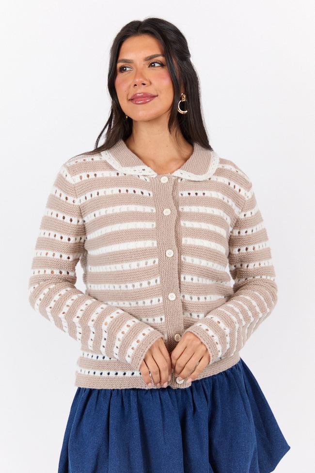 Warm Feelings Taupe Open Knit Striped Collared Cardigan FINAL SALE Product Image