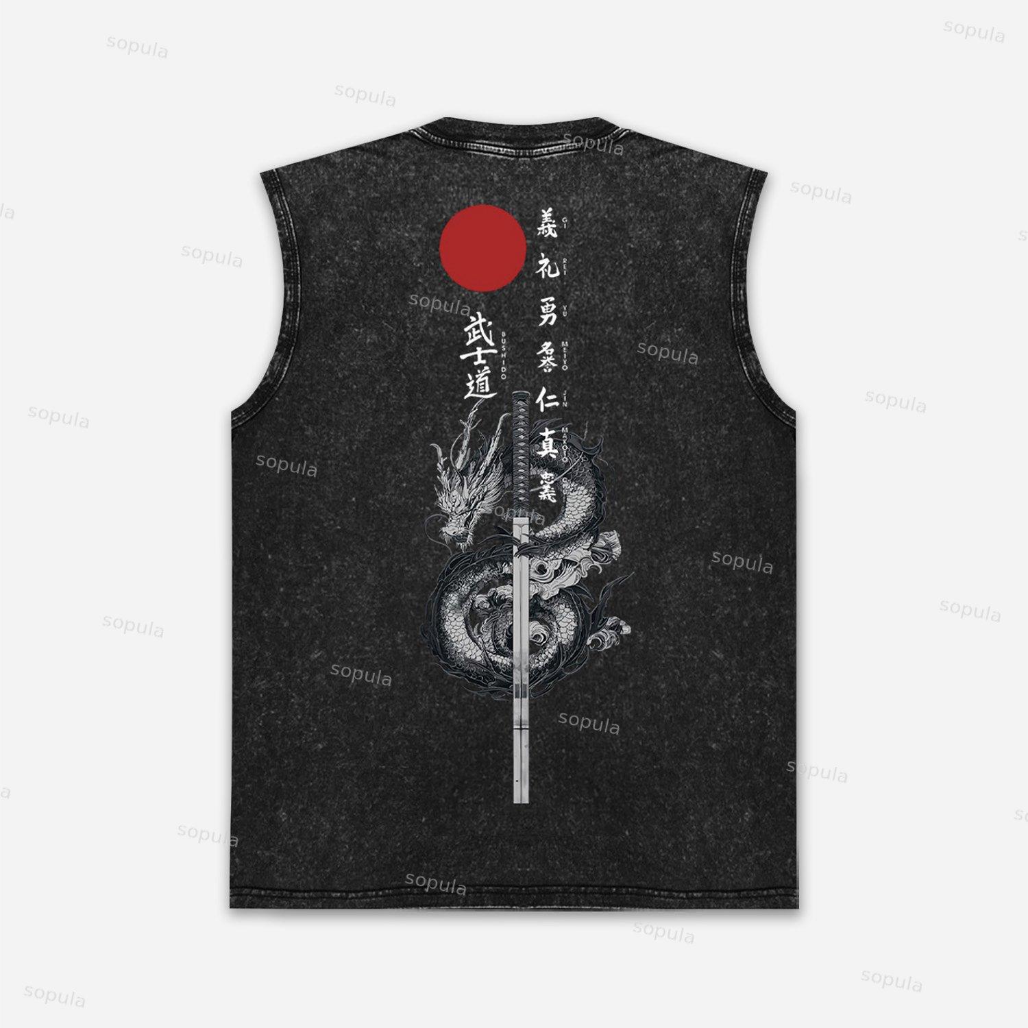 Vintage Japanese Bushido Samurai Art Graphic Acid Washed Tank Tops Product Image