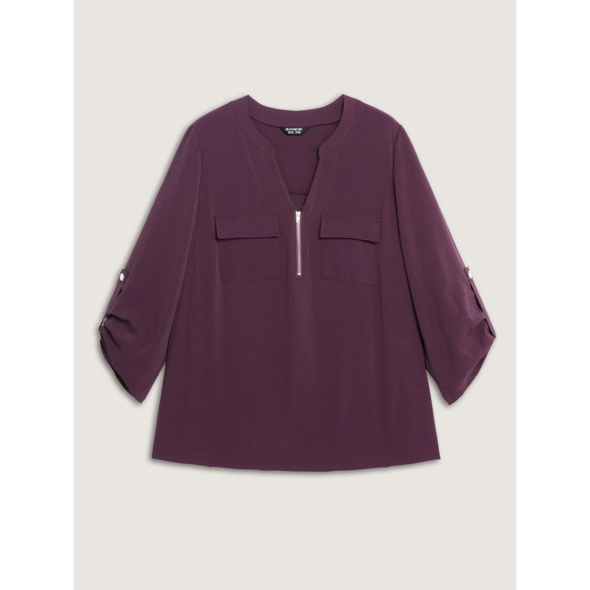Plus Size Eggplant Half Zipper Tab Sleeve Blouse Women Office Long Sleeve Notched collar Office Blouses BloomChic 30/6X Product Image