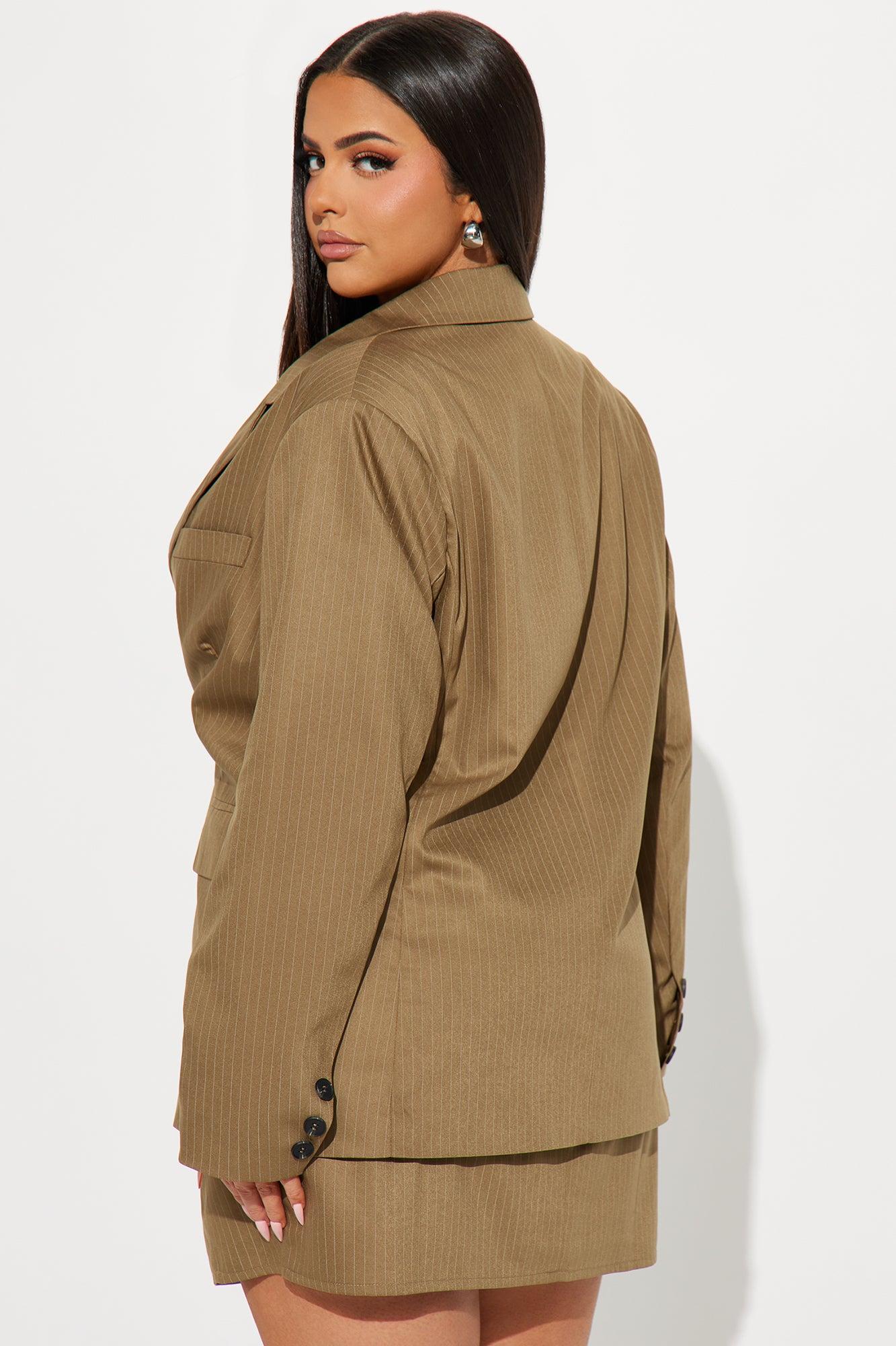 First Class Pinstripe Blazer and Mini Dress Set - Taupe Product Image