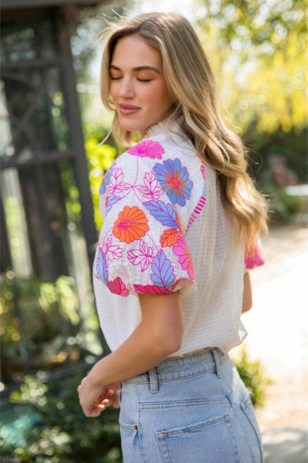 Embroidered Flower Puff Sleeve Top Product Image