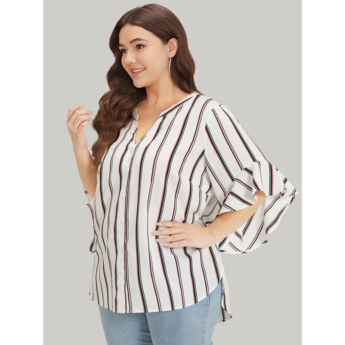 Plus Size White Striped Contrast Notched Bell Sleeve Split Side Blouse Women Office Elbow-length sleeve Notched collar Dailywear Blouses BloomChic 12/L Product Image
