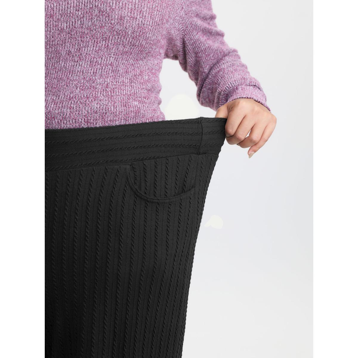 Plus Size Stretchy Cable Knit Wide Leg Pants Women Pureblack Leisure Wide Leg Mid Rise Casual Pants BloomChic 22-24/3X Product Image