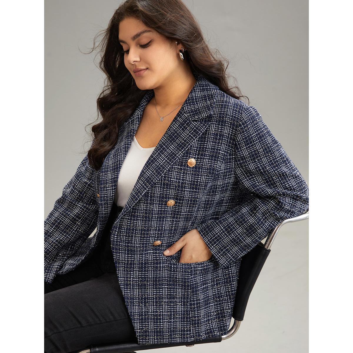 Plus Size Tweed Plaid Suit Collar Metal Detail Blazer Indigo Women Dailywear Plaid Lined Sleeve Long Sleeve Suit Collar 12/L Pocket Casual Blazers BloomChic Product Image