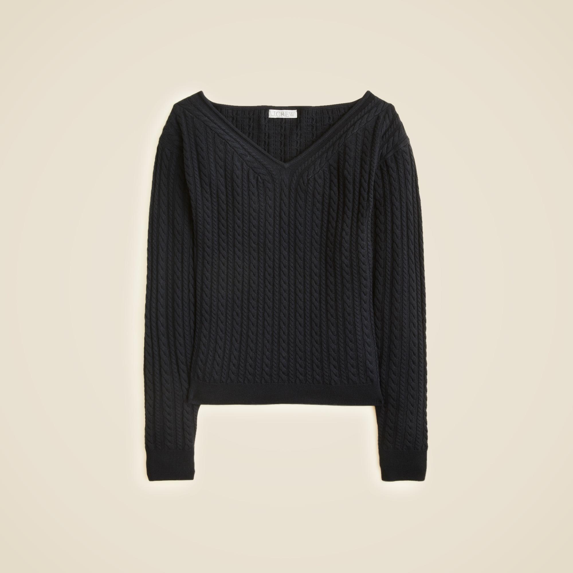 Cable-knit wide V-neck sweater in merino wool Product Image