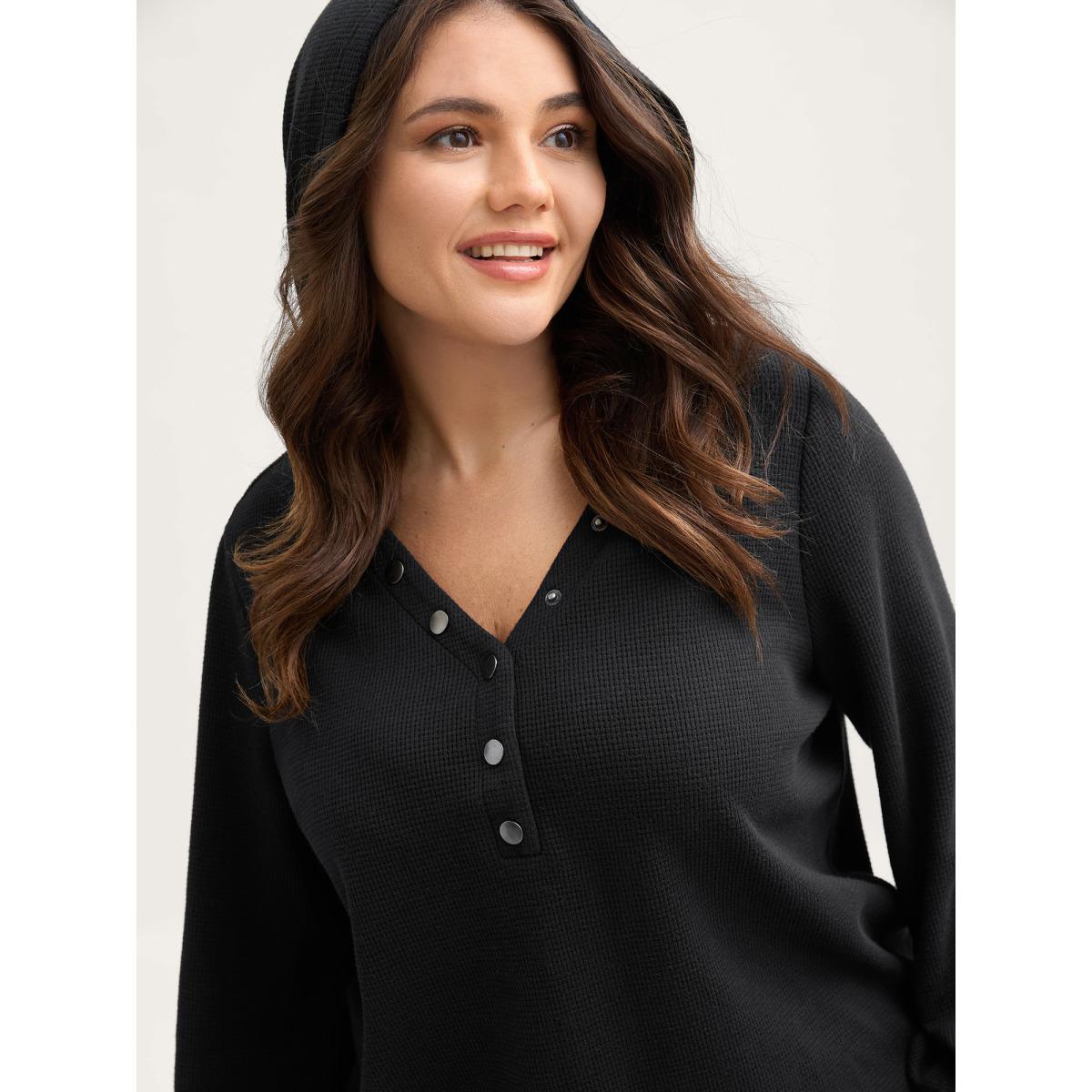 Plus Size Textured Snap Buttons Hooded Sweatshirt Women Black Leisure Texture Hooded Casual Sweatshirts BloomChic 18-20/2X Product Image