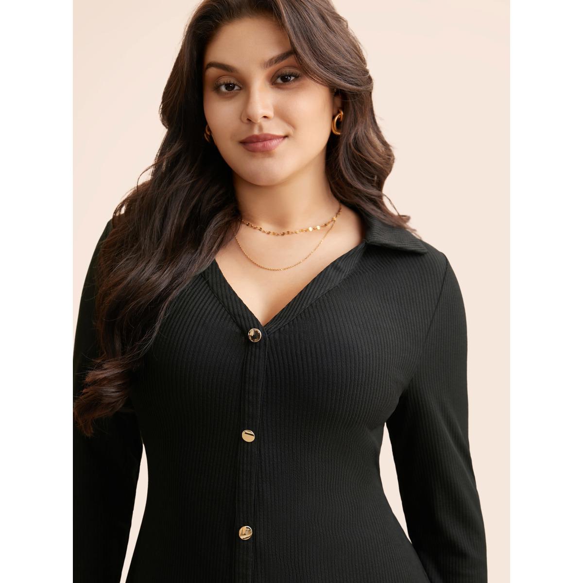 Plus Size Texture Patchwork Pleated Metal Detail Dress Black Women Elegant Texture Shirt collar Long Sleeve Curvy BloomChic 18-20/2X Product Image