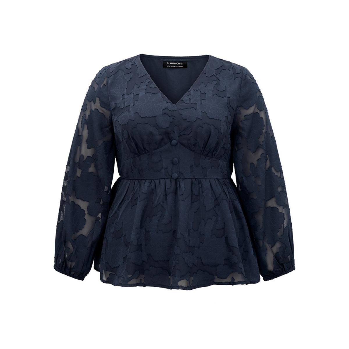 Plus Size Indigo Floral Mesh Elastic Waist Button Detail Blouse Women Glamour Long Sleeve V-neck Going out Blouses BloomChic 26/4X Product Image