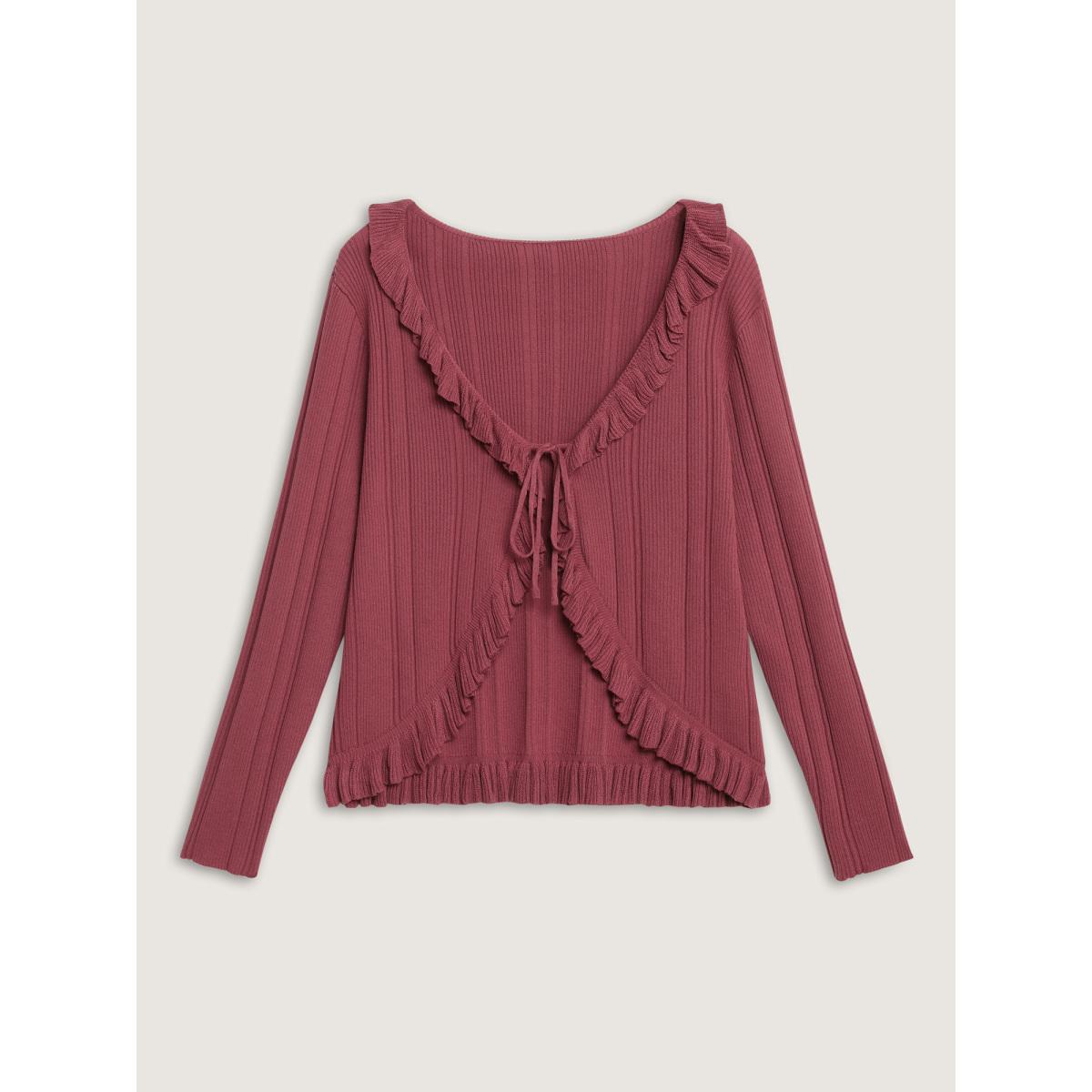 Plus Size Ruffled Edged Front Tie Knit Cardigan Rust Women Timeless Bodycon Long Sleeve Elegant Cardigans BloomChic 14-16/1X Product Image