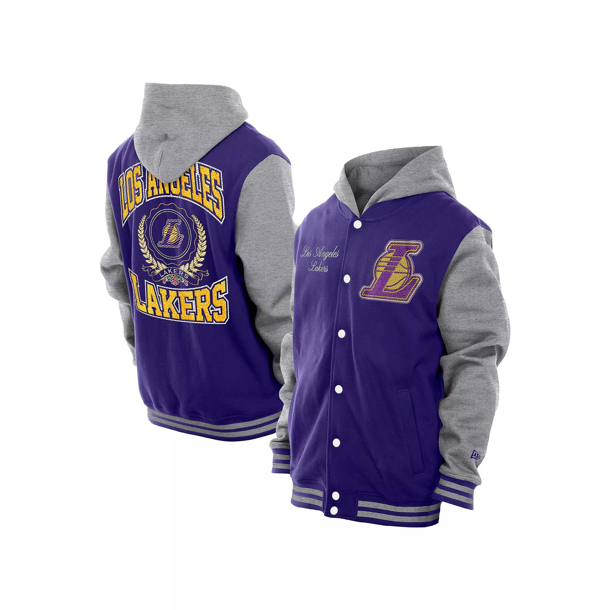 Men's New Era  Purple Los Angeles Lakers Throwback Prep Chenille Full-Snap Hooded Varsity Jacket, Size: Small Product Image