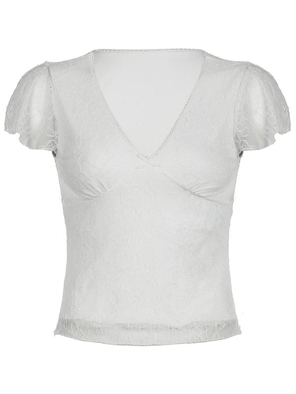 V Neck Lace Short Sleeve Tee Product Image