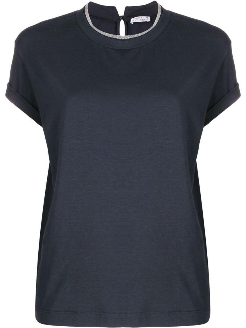 BRUNELLO CUCINELLI Women Stretch Cotton Jersey T-shirt With Precious Faux-layering In Black Product Image