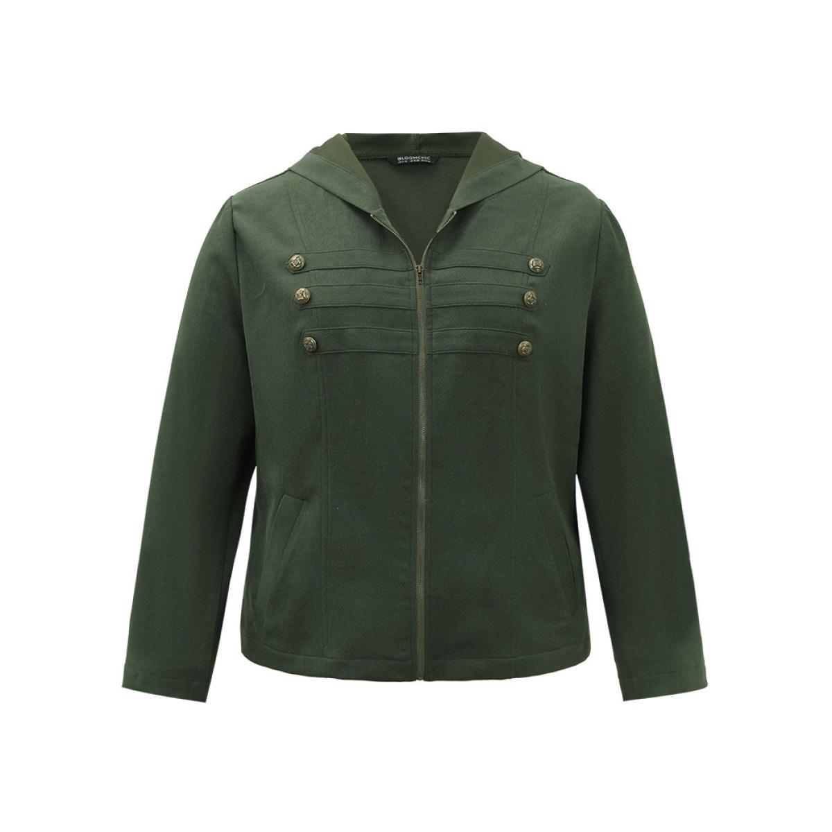 Plus Size Solid Metal Detail Hooded Zipper Jacket Women ArmyGreen Casual Plain Ladies Everyday Winter Coats BloomChic 26/4X Product Image