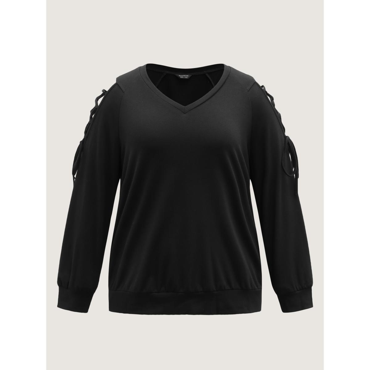 Plus Size Shoulder Crosstie Design V-Neck Sweatshirt Women Black Leisure Cross straps V-neck Casual Sweatshirts BloomChic 30/6X Product Image