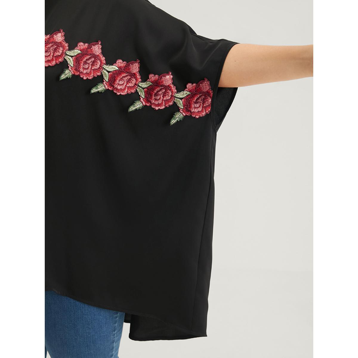 Plus Size Black Plain Ruffles Asymmetrical Hem Dolman Sleeve Embroidered Blouse Women Casual Half Sleeve Round Neck Dailywear Blouses BloomChic 10/M Product Image