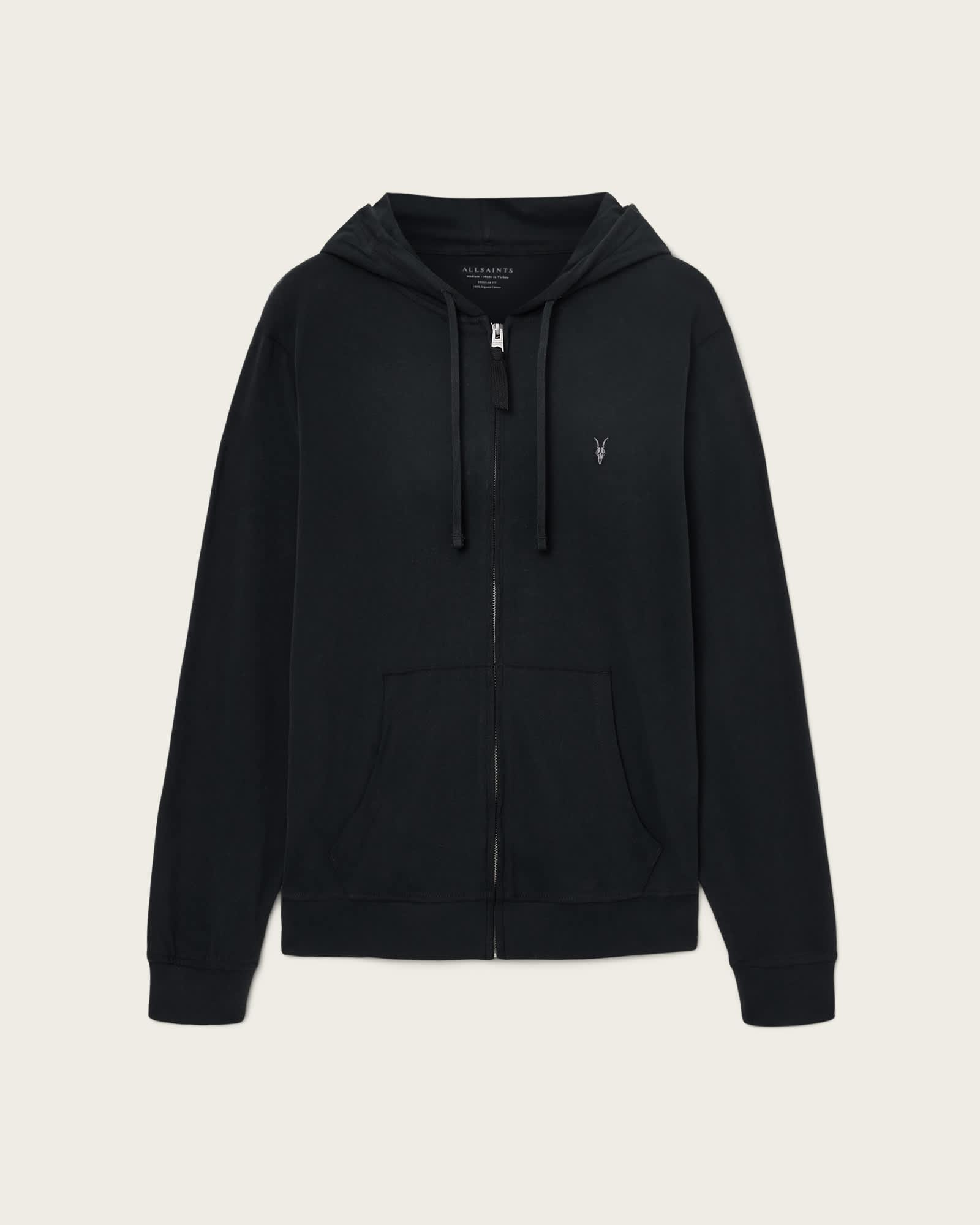 Brace Zip Up Brushed Cotton Ramskull Hoodie Jet Black | ALLSAINTS US Product Image