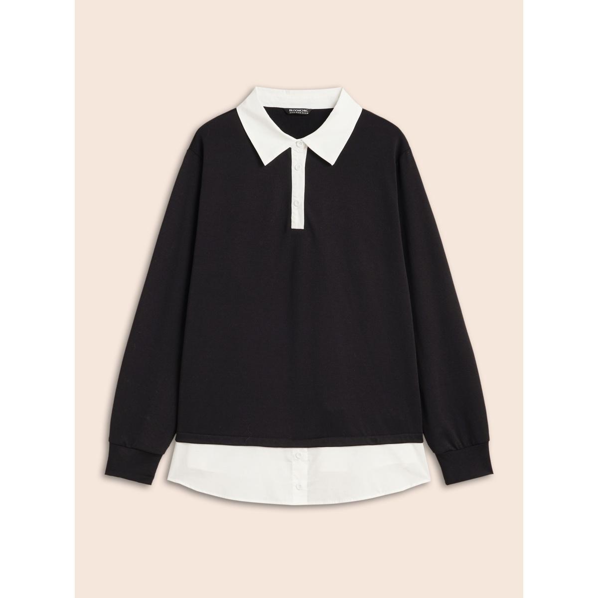 Plus Size 2-In-1 Shirt Collar Contrast Patchwork Sweatshirt Women Black Work From Home Contrast Shirt collar Office Sweatshirts BloomChic 26/4X Product Image