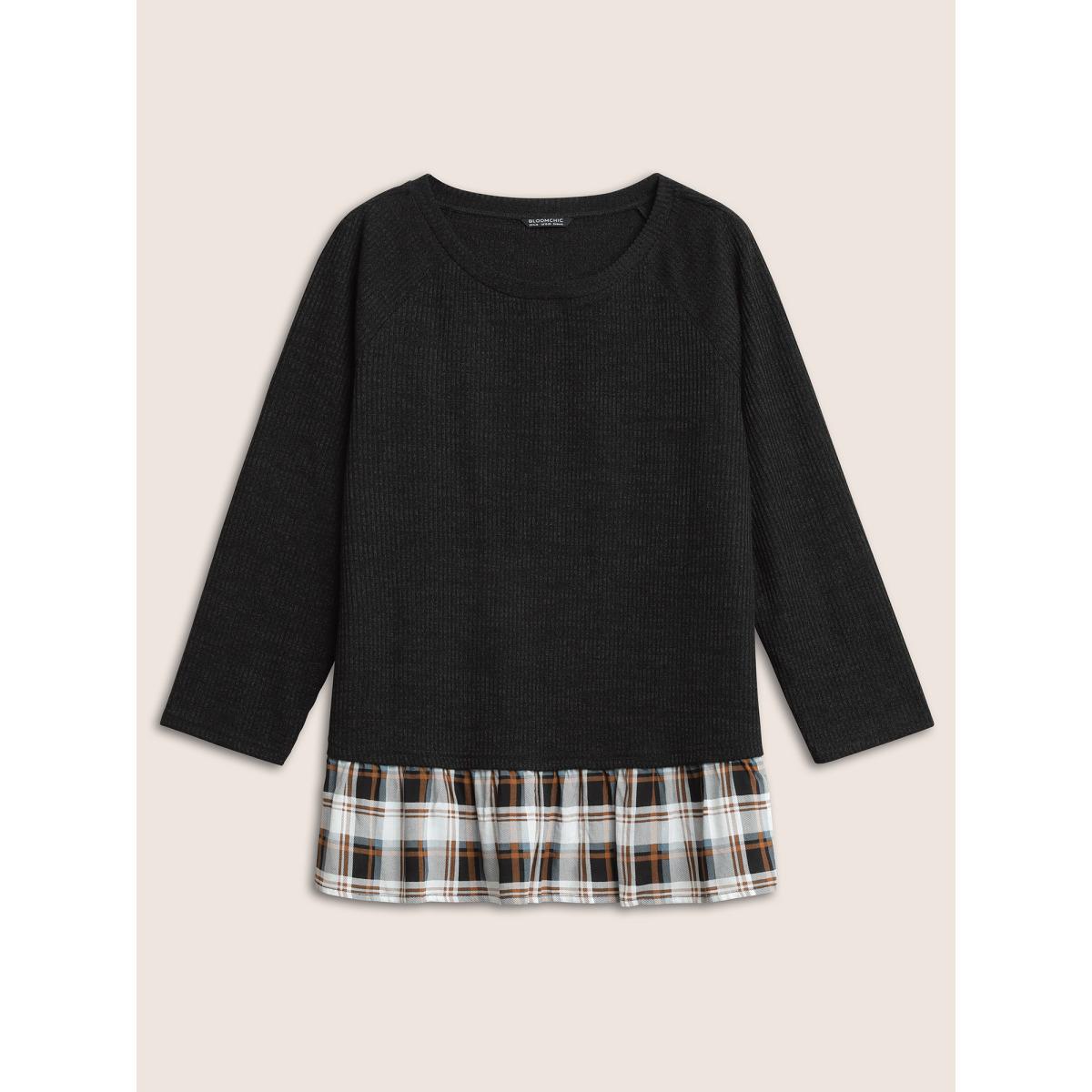 Plus Size Rib Knit Plaid Patchwork Raglan Sleeve T-shirt Black Women Casual Texture Plaid Round Neck Everyday T-shirts BloomChic 26/4X Product Image