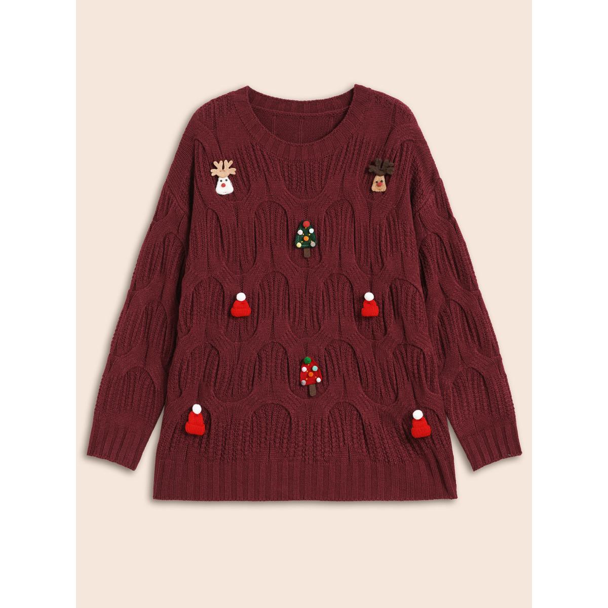 Plus Size Tis The Season Motifs Cable Knit Pullover Scarlet Women Casual Loose Long Sleeve Round Neck Everyday Pullovers BloomChic 18-20/2X Product Image