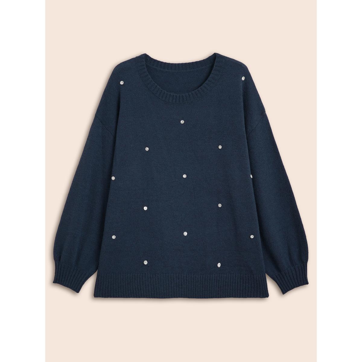 Plus Size Rhinestone Decor Dropped Shoulder Pullover Indigo Women Casual Loose Long Sleeve Round Neck Everyday Pullovers BloomChic 30/6X Product Image