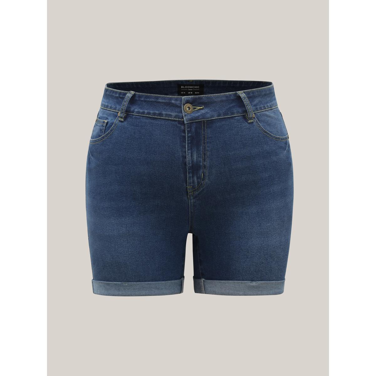 Plus Size Stretch Skinny Fit Sculpting Denim Shorts Women Darkindigo Medium stretch Casual Slanted pocket Leisure Denim Shorts BloomChic 18/2X Product Image