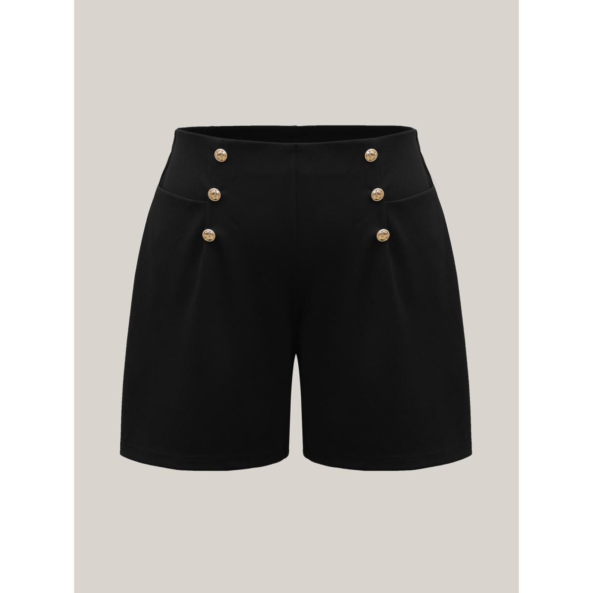 Plus Size No-Gap Waist Button Detail Straight-Leg Shorts Women Black At the Office Button Straight Leg Work Shorts BloomChic 18-20/2X Product Image