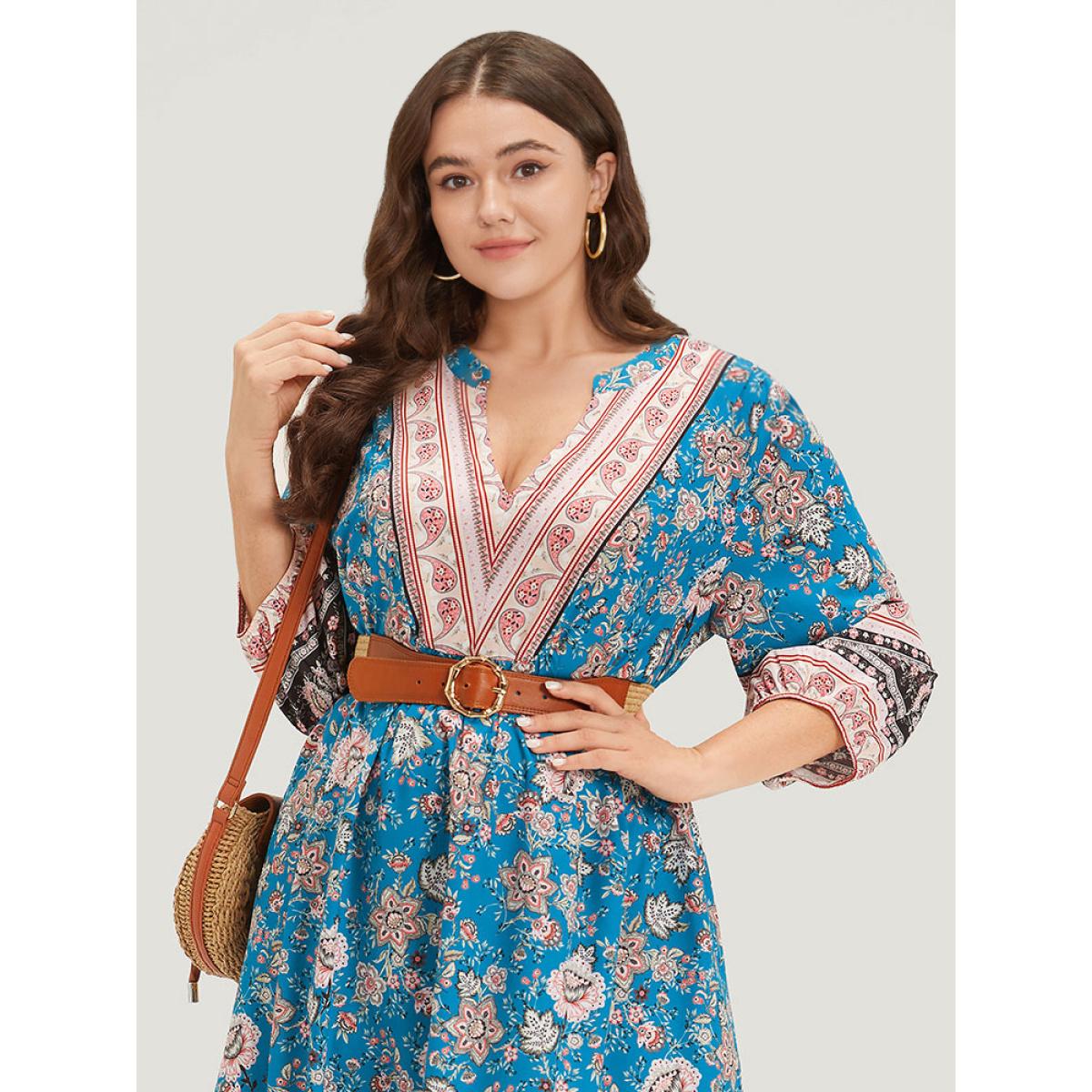 Plus Size Floral Print Notched Lantern Sleeve Contrast Dress Teal Women Vacation Elastic cuffs Notched collar Long Sleeve Curvy Midi Dress BloomChic 14-16/1X Product Image