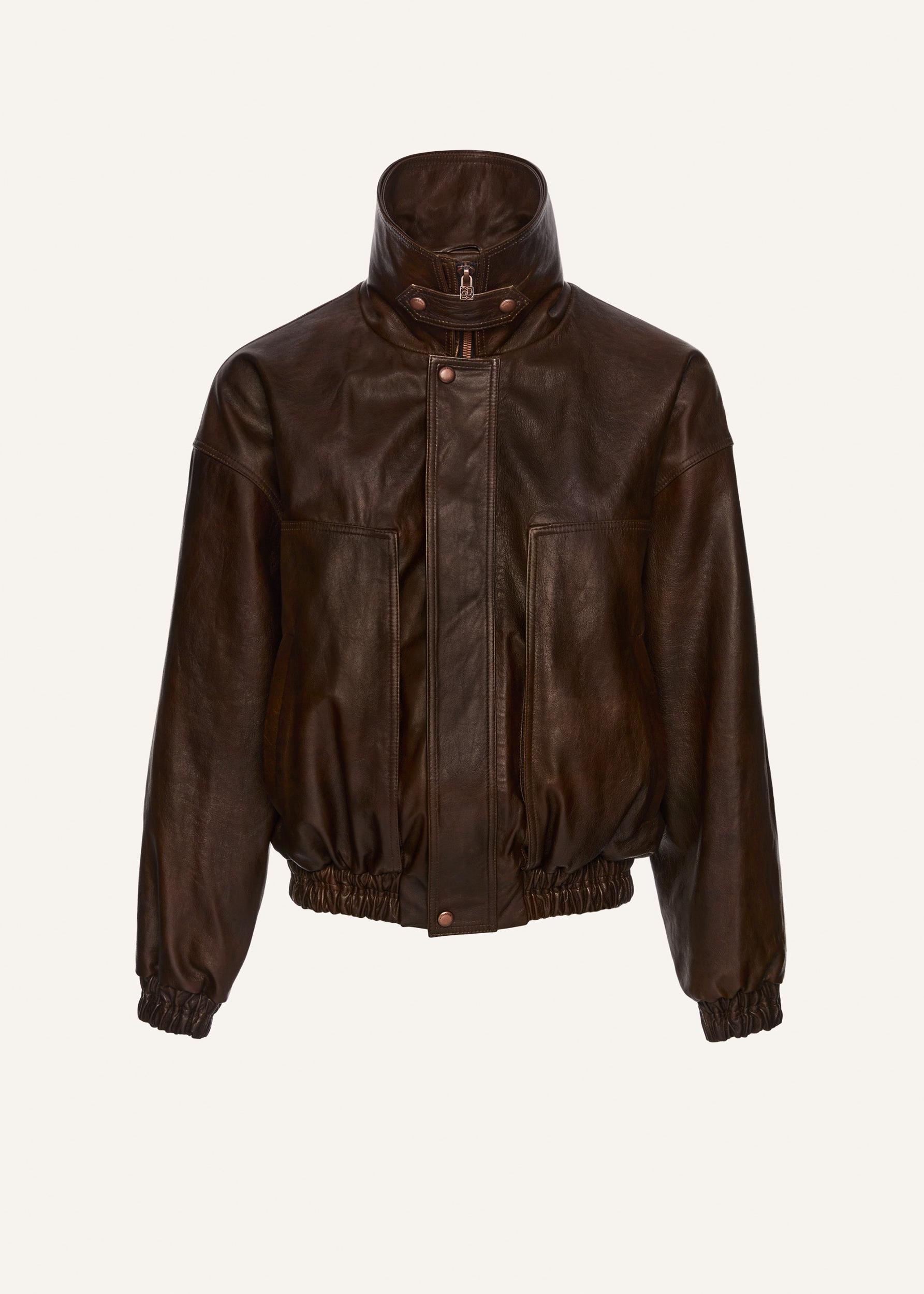 Snap-collar leather aviator jacket in brown Product Image