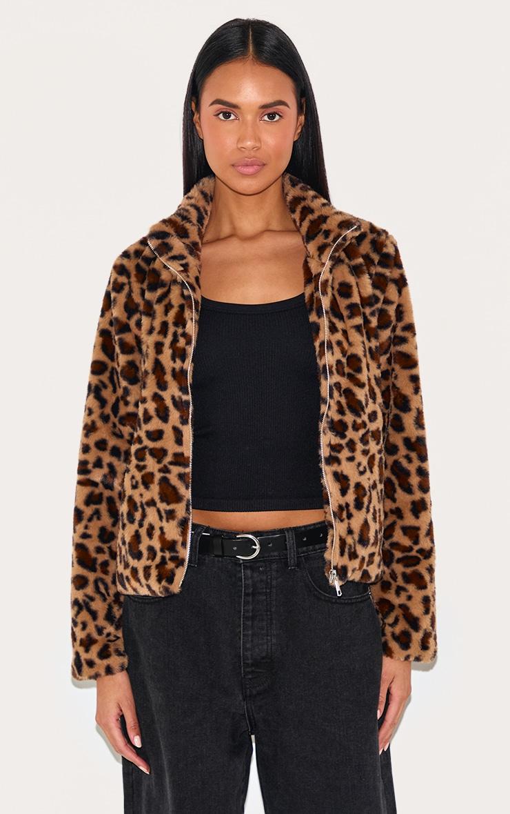 Brown Leopard Fleece Zip Up Jacket Product Image