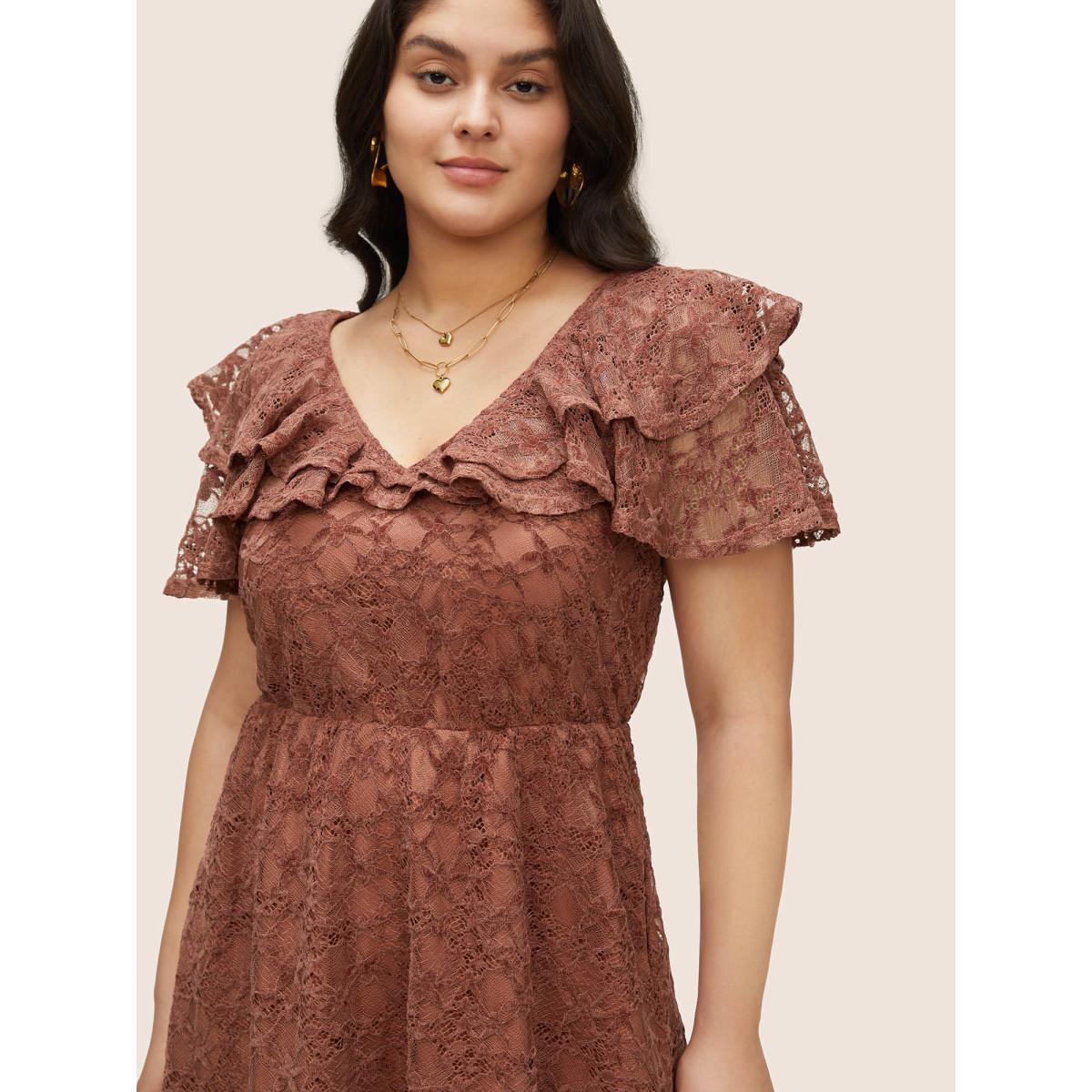 Plus Size Crochet Lace Mesh Tiered Ruffle Trim Dress Burgundy Women Elegant Texture V-neck Sleeveless Curvy Midi Dress BloomChic 14-16/1X Product Image