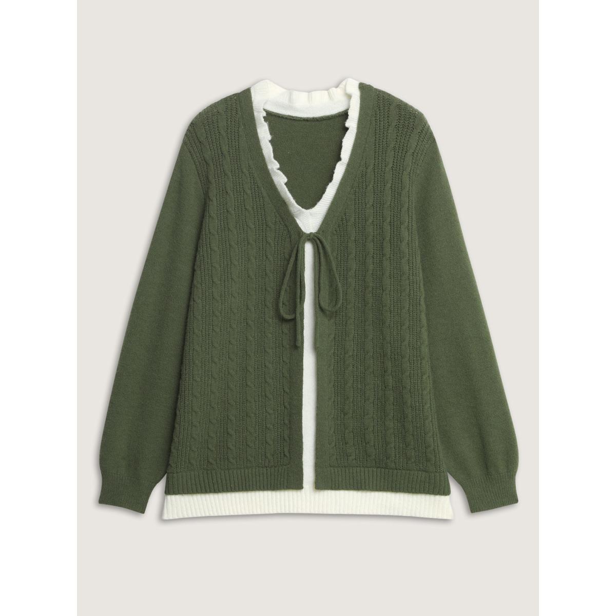 Plus Size 2-in-1 Cableknit Layered Tie Pullover DarkGreen Women Leisure Loose Long Sleeve V-neck Casual Pullovers BloomChic 18-20/2X Product Image