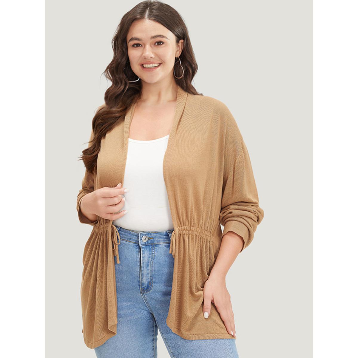 Plus Size Plain Drawstring Bowknot Front Drop Shoulder Cardigan Tan Women Casual Loose Long Sleeve Everyday Cardigans BloomChic 18-20/2X Product Image