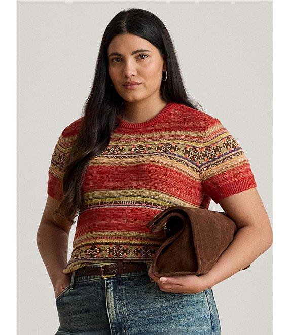 Lauren Ralph Lauren Plus Size Geometric Stripe Ribbed Crew Neck Short Sleeve Pullover Sweater Product Image