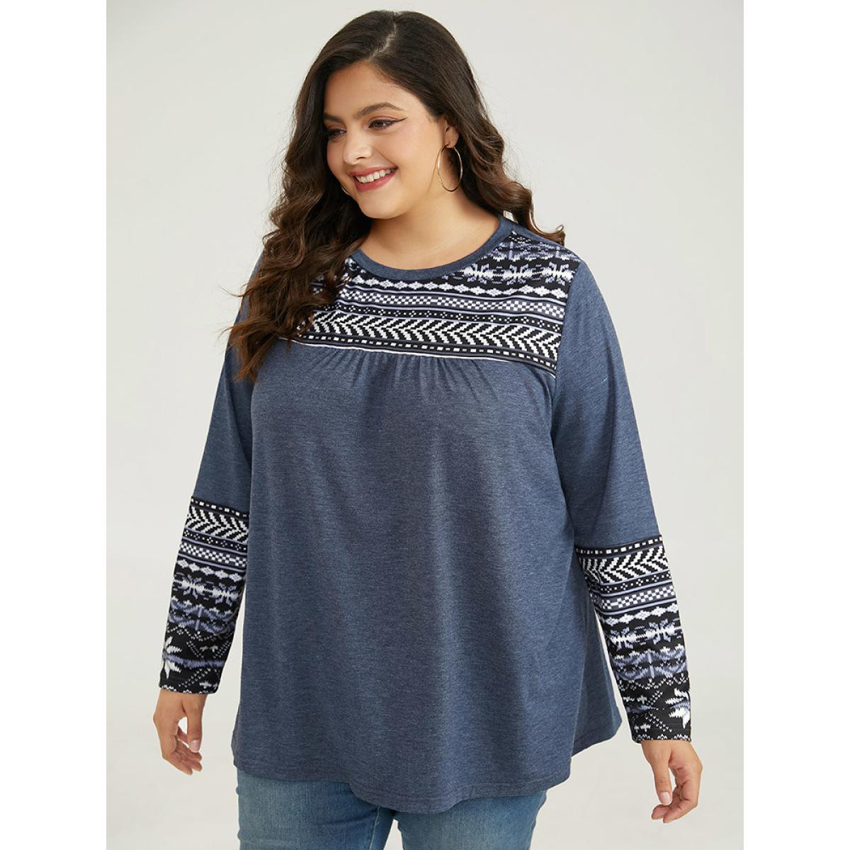 Plus Size Boho Print Round Neck Gathered T-shirt Blue Women Casual Patchwork Bohemian Print Round Neck Dailywear T-shirts BloomChic 30/6X Product Image