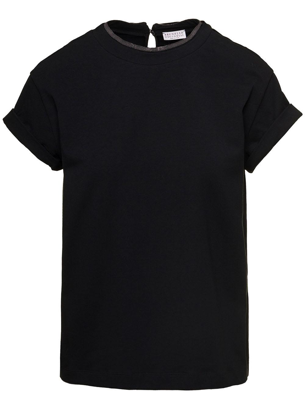 BRUNELLO CUCINELLI Women Stretch Cotton Jersey T-shirt With Precious Faux-layering In Black Product Image