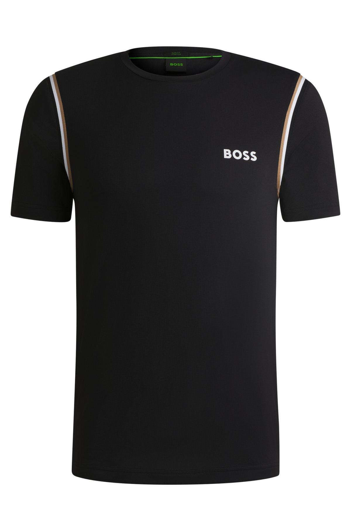 BOSS - Active waffle-structure T-shirt with signature stripes - Black Product Image