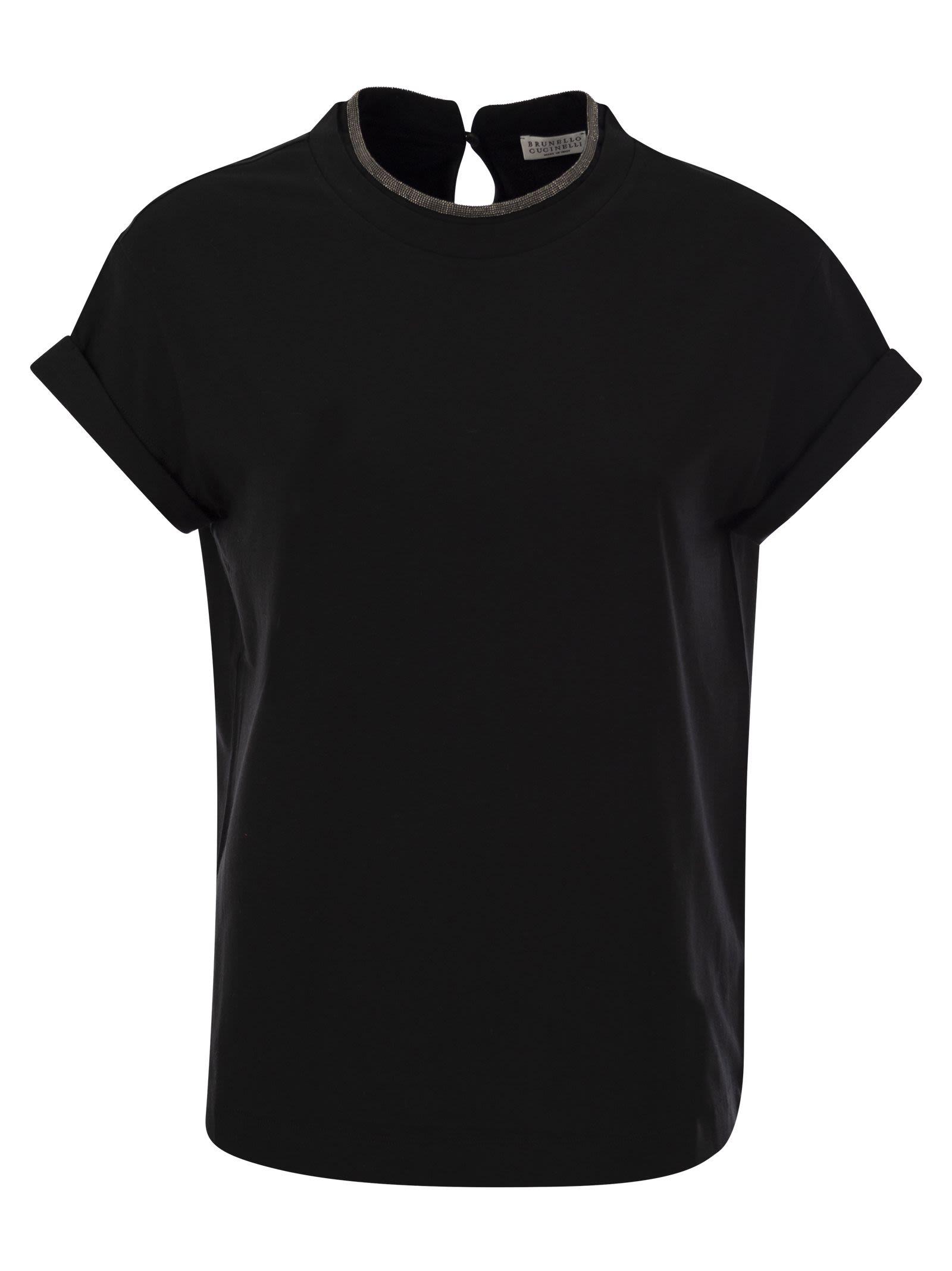 BRUNELLO CUCINELLI Women Stretch Cotton Jersey T-shirt With Precious Faux-layering In Black Product Image