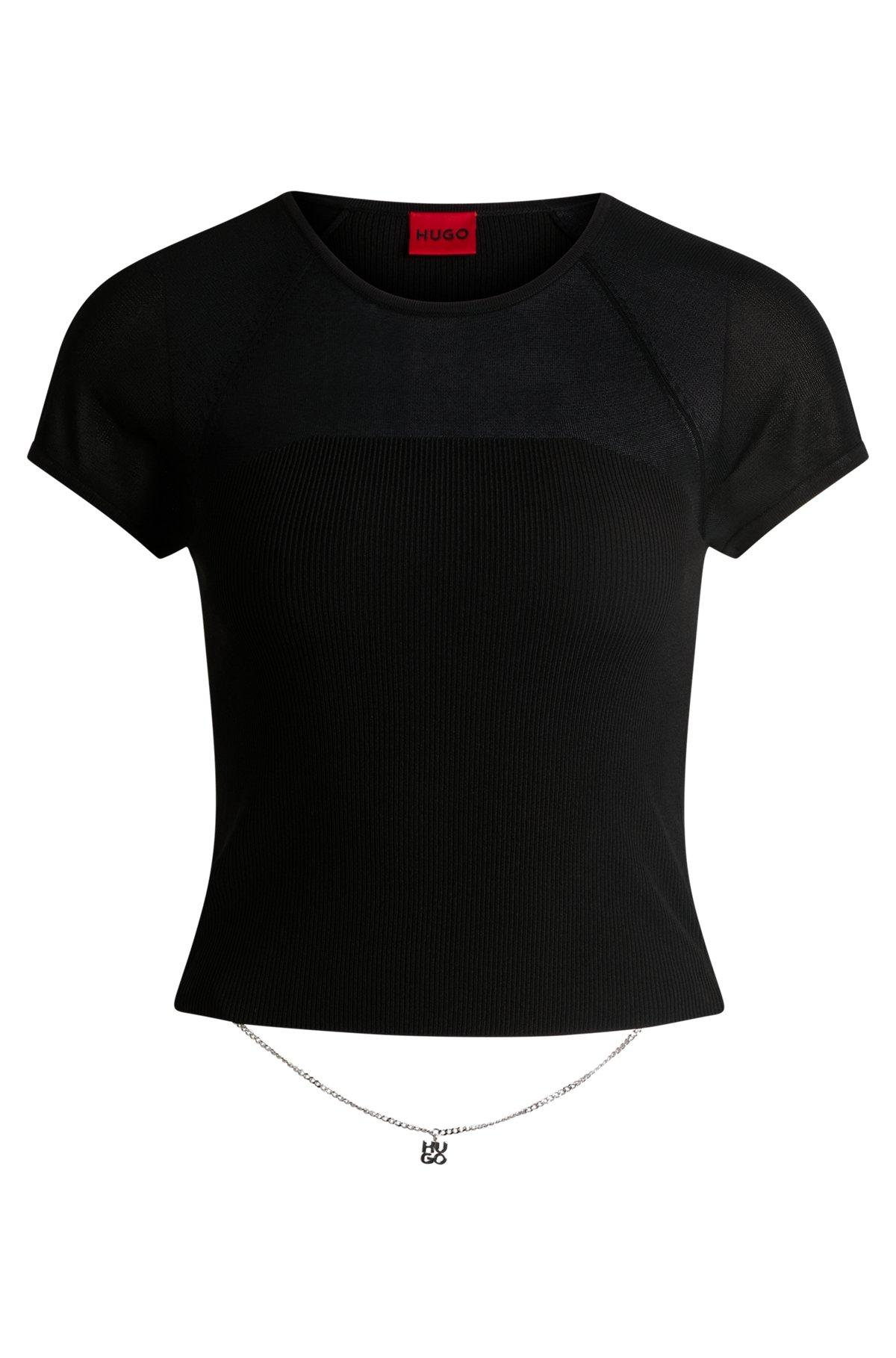 Rib-knit top with sheer panels and logo chain Product Image