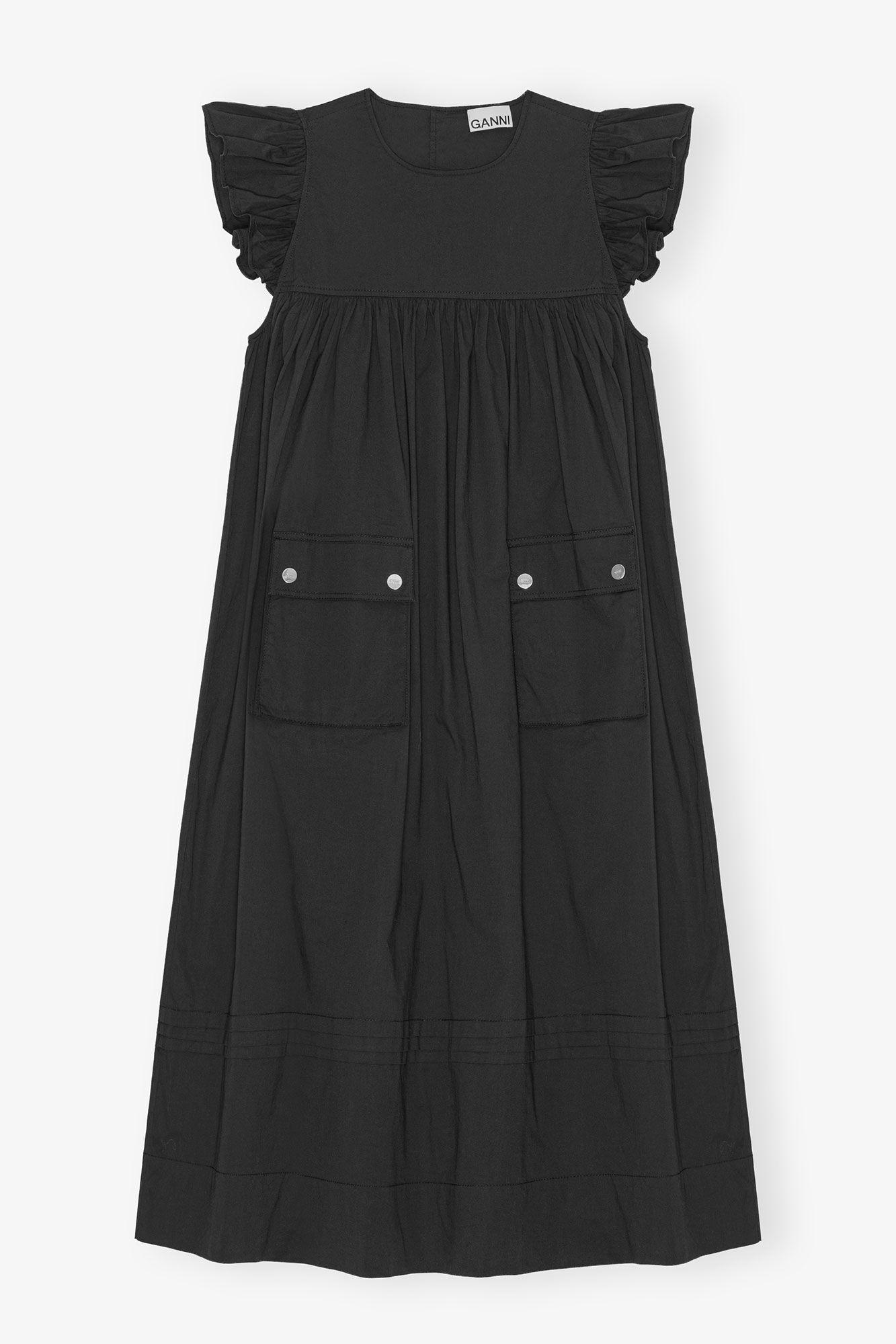 Black Stretch Cotton Frill Sleeve Dress Product Image