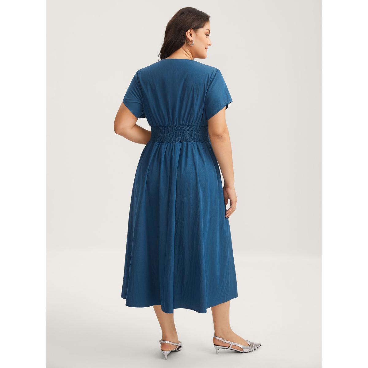 Plus Size Belted Cinched-Waist Solid Maxi Dress Mediumblue Women V-neck Cap Sleeve Curvy BloomChic 26/4X Product Image
