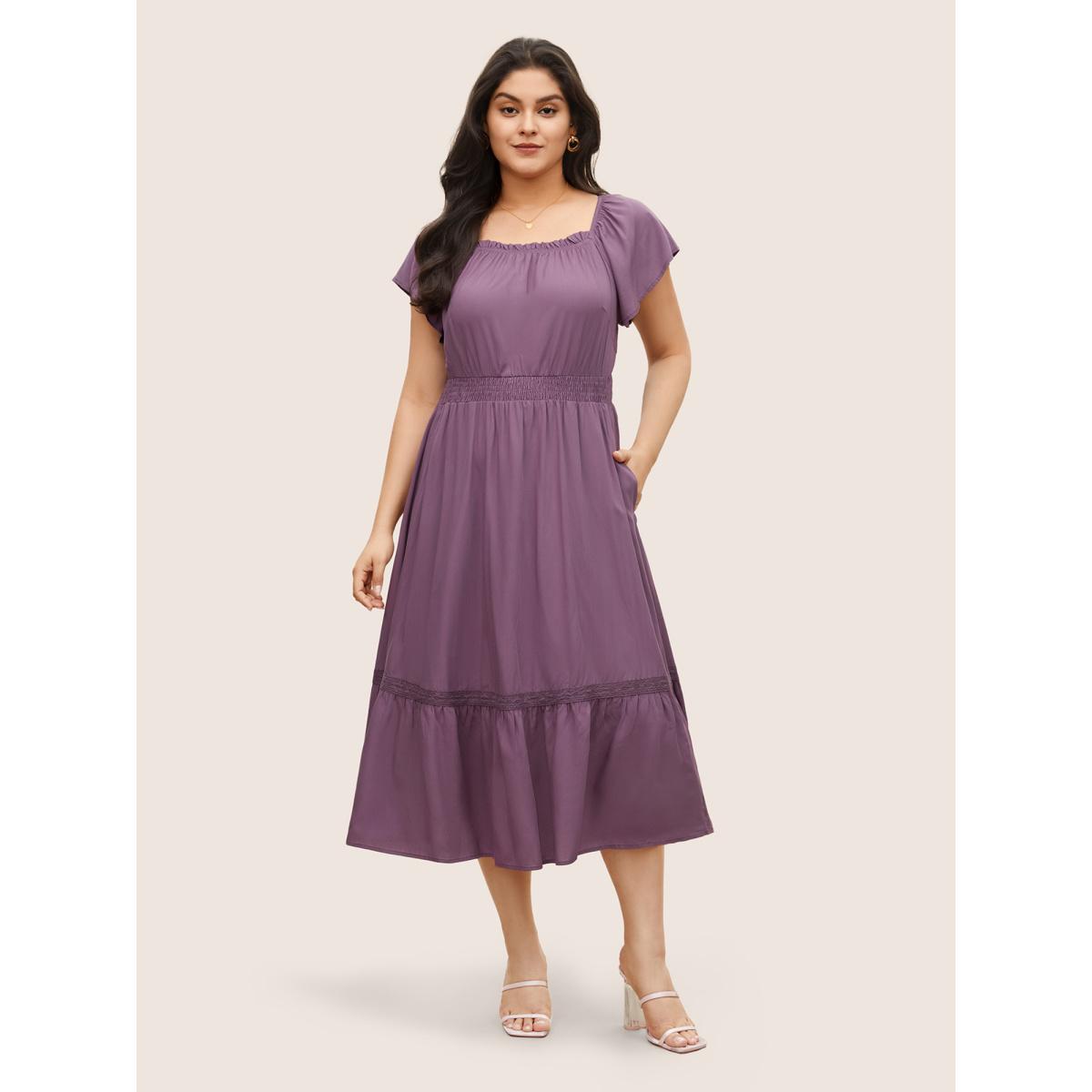 Plus Size Solid Cap Sleeve Shirred Frill Trim Dress Mauve Women Elegant Non Square Neck Cap Sleeve Curvy Midi Dress BloomChic 12/L Product Image